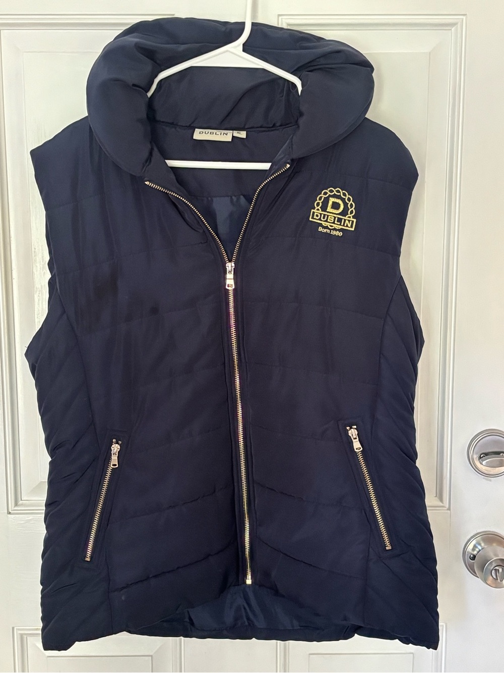 Dublin Equestrian Quilted Puffer Vest Navy Gold Logo Padded Collar XL
